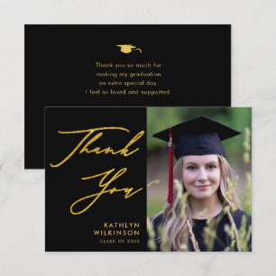 Elegant Gold Calligraphy Black Simple Afstuderen Bedankkaart