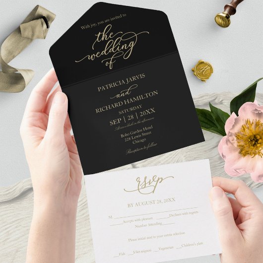 Elegant Gold Calligraphy Black Wedding All In One Uitnodiging