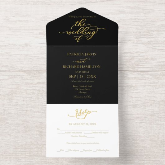 Elegant Gold Calligraphy Black Wedding All In One Uitnodiging (Binnenkant)