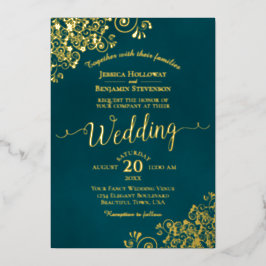 Elegant Gold Calligraphy Dark Teal Frilly Wedding Folie Uitnodiging