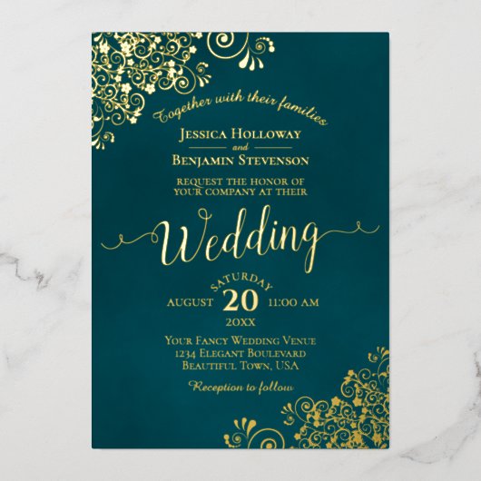 Elegant Gold Calligraphy Dark Teal Frilly Wedding Folie Uitnodiging (Voorkant)