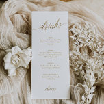 Elegant Gold Calligraphy Drink Menu Kaart<br><div class="desc">Deze elegante goudkalligrafiemenuskaart is perfect voor een eenvoudige bruiloft. Het neutrale ontwerp is voorzien van een minimalistische kaart met romantische en faux gouden folie-typografie. Personaliseer met de drinken beschikbaar bij uw ontvangst. Opmerking: dit ontwerp is niet voorzien van echte gouden folie. Het is een afbeelding van hoge kwaliteit die gemaakt...</div>