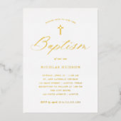 Elegant Gold Calligraphy en Cross | Baptisme Folie Uitnodiging (Voorkant)