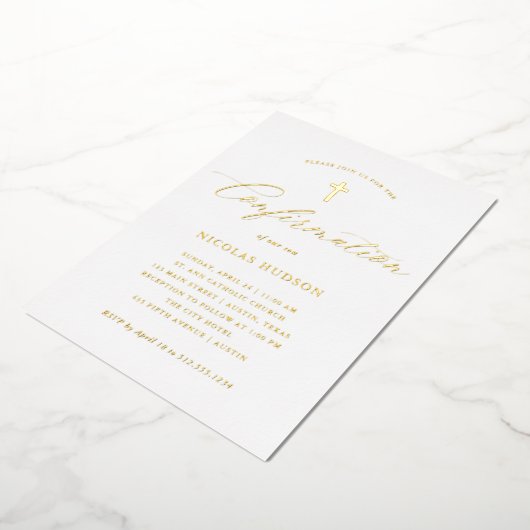 Elegant Gold Calligraphy en Cross | Bevestiging Folie Uitnodiging (Gedraaid)