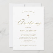 Elegant Gold Calligraphy en Cross | Christening Kaart (Voorkant)