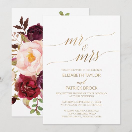 Elegant Gold Calligraphy Floral Mr & Mrs Wedding Kaart (Voorkant / Achterkant)