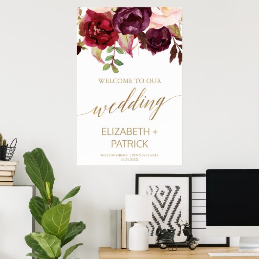 Elegant Gold Calligraphy Floral Wedding Welcome Poster (Thuiskantoor)