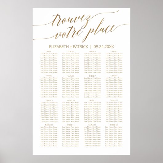 Elegant Gold Calligraphy French Seating Chart Poster (Voorkant)