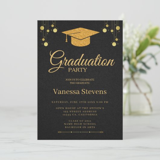 Elegant Gold Calligraphy Graduation Party Kaart (Staand voorkant)