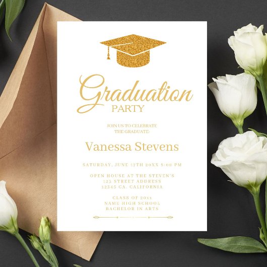 Elegant Gold Calligraphy Graduation Party Kaart