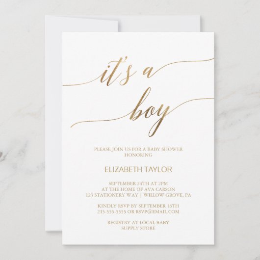 Elegant Gold Calligraphy Het is een Baby shower va Kaart (Voorkant)