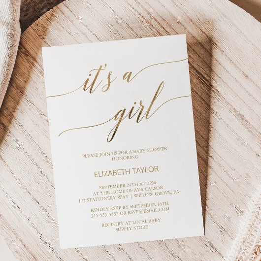 Elegant Gold Calligraphy Het is een meisje Baby sh Kaart