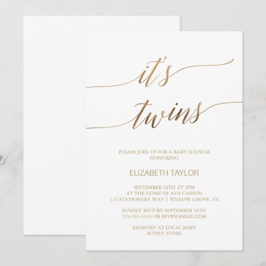 Elegant Gold Calligraphy Het is Twins Baby shower Kaart (Voorkant / Achterkant)