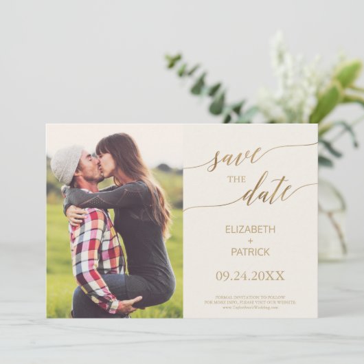 Elegant Gold Calligraphy Ivory Photo Save the Date (Staand voorkant)