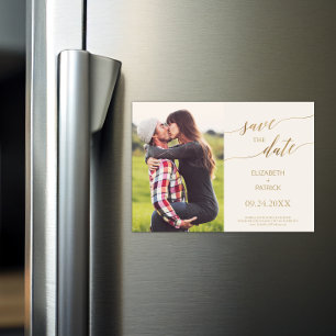 Elegant Gold Calligraphy Ivory Photo Save the Date Magnetische Uitnodiging