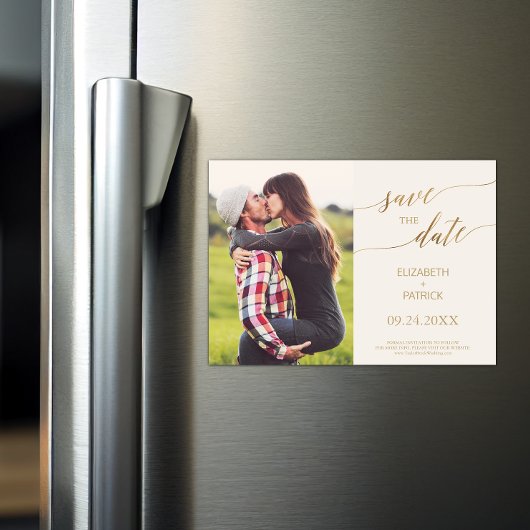 Elegant Gold Calligraphy Ivory Photo Save the Date Magnetische Uitnodiging