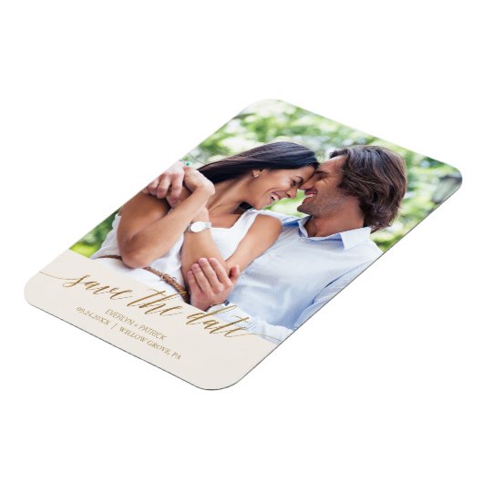 Elegant Gold Calligraphy Ivory Save the Date Photo Magneet (Linkerzijde)