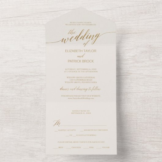 Elegant Gold Calligraphy Ivory Wedding All In One Uitnodiging (Binnen)