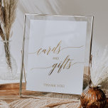 Elegant Gold Calligraphy Kaarten and Gifts Sign Poster<br><div class="desc">Deze elegante goudkalligrafiekaarten en cadeaubonnen zijn perfect voor een eenvoudige bruiloft of vrijgezellenfeest. Het neutrale ontwerp is voorzien van een minimalistisch bord met romantische en faux gouden folie-typografie. De lijn van tekst bij de bodem van het teken kan met de datum, de namen van de bruid en de groom, of...</div>