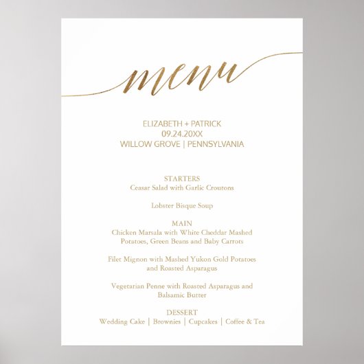 Elegant Gold Calligraphy Large Wedding Menu Sign Poster (Voorkant)
