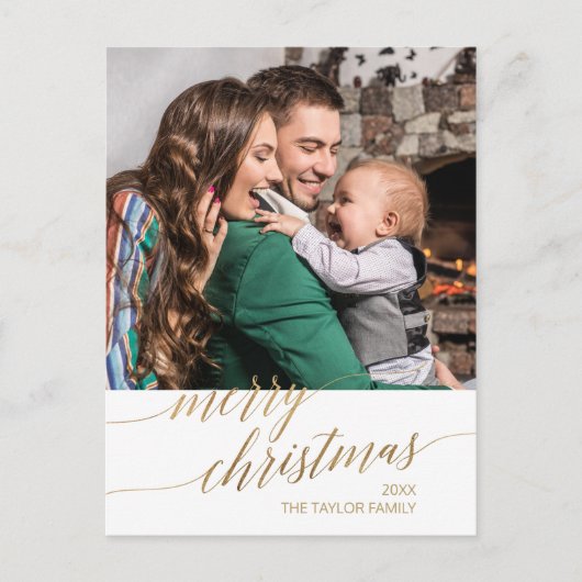 Elegant Gold Calligraphy Merry Kerstfoto Feestdagenkaart (Voorkant)