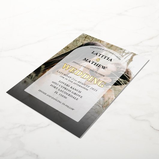 Elegant Gold Calligraphy Photo Arch Wedding Folie Uitnodiging (Gedraaid)