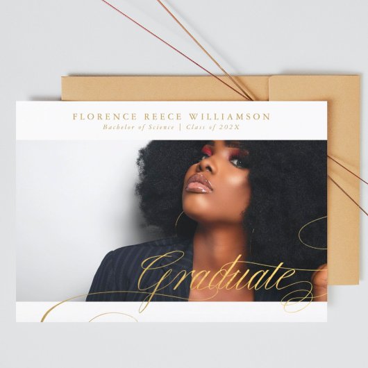 Elegant Gold Calligraphy Photo College Graduation Aankondiging