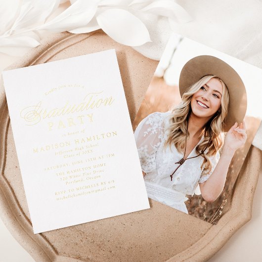 Elegant Gold Calligraphy Photo Graduparty Folie Uitnodiging