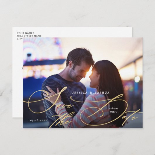 Elegant Gold Calligraphy Photo Save the Date Briefkaart (Voorkant / Achterkant)