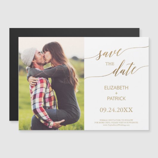 Elegant Gold Calligraphy Photo Save the Date Magnetische Uitnodiging (Voorkant / Achterkant)