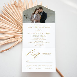 Elegant Gold Calligraphy Photo Wedding All In One Uitnodiging