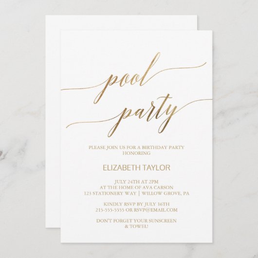 Elegant Gold Calligraphy Pool Birthday Kaart (Voorkant / Achterkant)