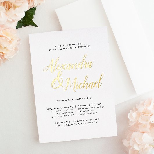 Elegant Gold Calligraphy Rehearsal Dinner Folie Uitnodiging