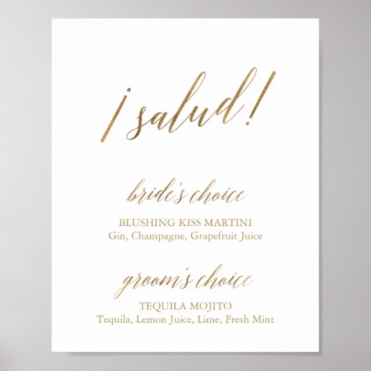 Elegant Gold Calligraphy Salud Drink Sign Poster (Voorkant)