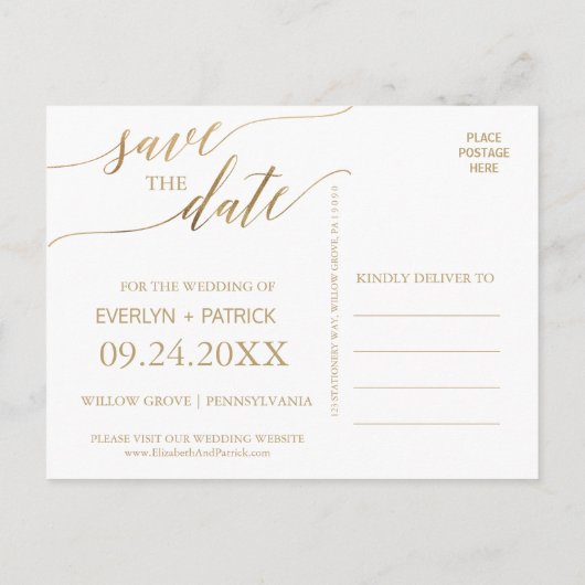 Elegant Gold Calligraphy Save the Date Photo Aankondigingskaart (Achterkant)