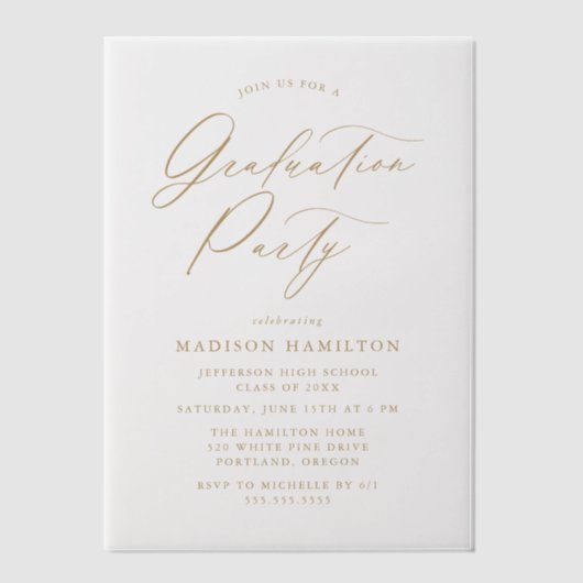 Elegant Gold Calligraphy Script Graduparty Vellum Uitnodigingen (Voorkant)