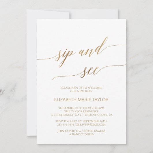 Elegant Gold Calligraphy Sip and See Kaart (Voorkant)