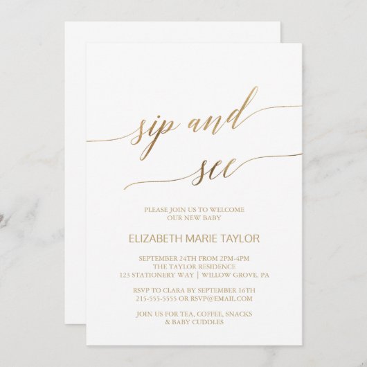 Elegant Gold Calligraphy Sip and See Kaart (Voorkant / Achterkant)