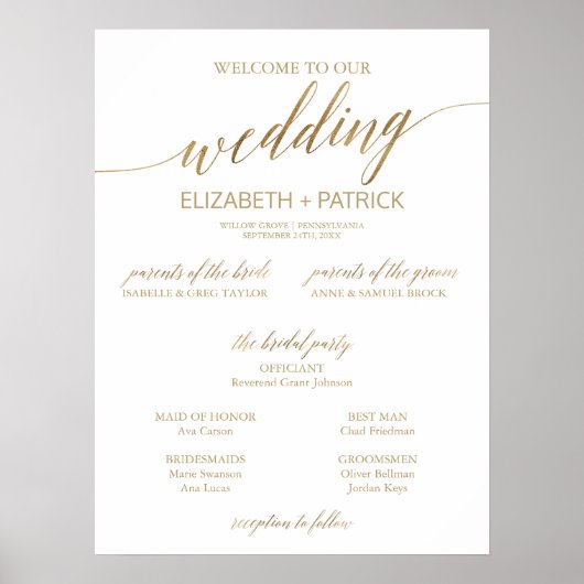 Elegant Gold Calligraphy Small Wedding Program Poster (Voorkant)