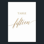 Elegant Gold Calligraphy Table Number 15 Kaart<br><div class="desc">Dit elegante goudkalligrafietabel 15 tabelnummer is perfect voor een eenvoudige bruiloft. Het neutrale ontwerp is voorzien van een minimalistische kaart met romantische en faux gouden folie-typografie. De prints op de voor- en achterzijde van de kaart (dubbelzijdig). Andere tabelnummers in het collectie worden afzonderlijk verkocht. Opmerking: dit ontwerp is niet voorzien...</div>