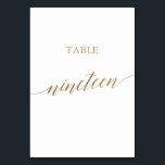 Elegant Gold Calligraphy Table Number Nnegentien Kaart<br><div class="desc">Dit elegante goudkalligrafietabel negentien-tabelnummer is perfect voor een eenvoudige bruiloft. Het neutrale ontwerp is voorzien van een minimalistische kaart met romantische en faux gouden folie-typografie. De prints op de voor- en achterzijde van de kaart (dubbelzijdig). Andere tabelnummers in het collectie worden afzonderlijk verkocht. Opmerking: dit ontwerp is niet voorzien van...</div>