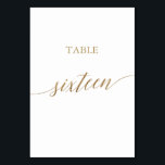 Elegant Gold Calligraphy Table Number Zestien Kaart<br><div class="desc">Dit elegante goudkalligrafietabel zestien tabelnummer is perfect voor een eenvoudige bruiloft. Het neutrale ontwerp is voorzien van een minimalistische kaart met romantische en faux gouden folie-typografie. De prints op de voor- en achterzijde van de kaart (dubbelzijdig). Andere tabelnummers in het collectie worden afzonderlijk verkocht. Opmerking: dit ontwerp is niet voorzien...</div>