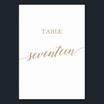 Elegant Gold Calligraphy Table Number zeventien Kaart<br><div class="desc">Dit elegante goudkalligrafietabel zeventien tabelnummer is perfect voor een eenvoudige bruiloft. Het neutrale ontwerp is voorzien van een minimalistische kaart met romantische en faux gouden folie-typografie. De prints op de voor- en achterzijde van de kaart (dubbelzijdig). Andere tabelnummers in het collectie worden afzonderlijk verkocht. Opmerking: dit ontwerp is niet voorzien...</div>