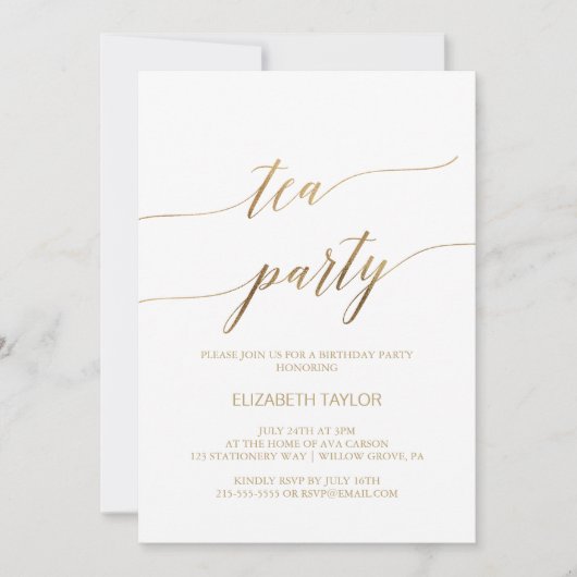 Elegant Gold Calligraphy Tea Party Birthday Kaart (Voorkant)