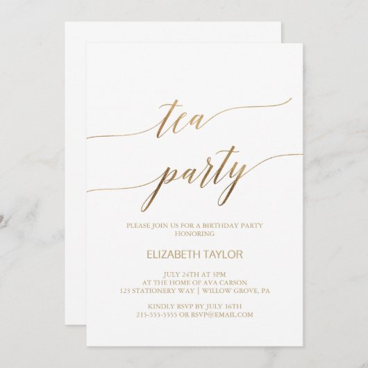 Elegant Gold Calligraphy Tea Party Birthday Kaart (Voorkant / Achterkant)