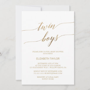 Elegant Gold Calligraphy Twin Boys Baby shower Kaart