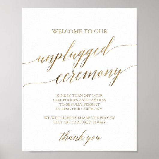 Elegant Gold Calligraphy Unplugged Ceremony Sign Poster (Voorkant)