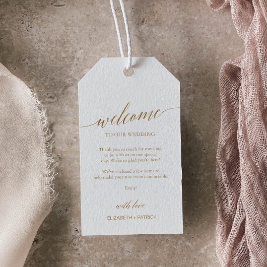 Elegant Gold Calligraphy Weddenschap Welkom Cadeaulabel