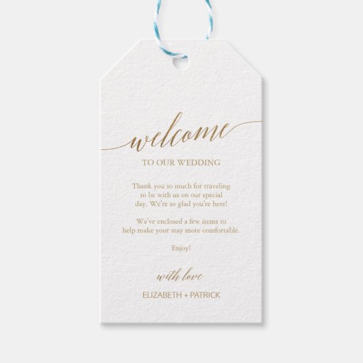 Elegant Gold Calligraphy Weddenschap Welkom Cadeaulabel (Voorkant)