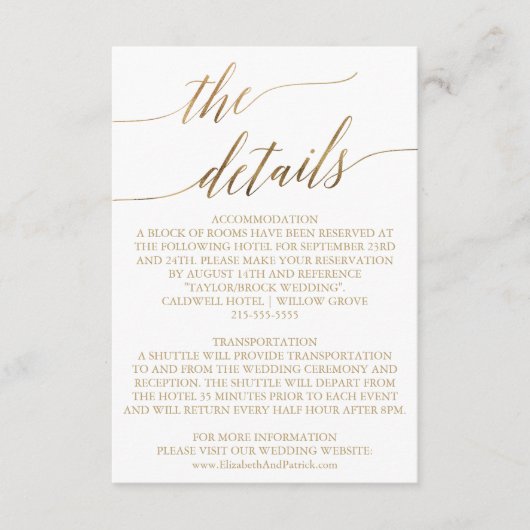 Elegant Gold Calligraphy Wedding Details Kaart (Voorkant)